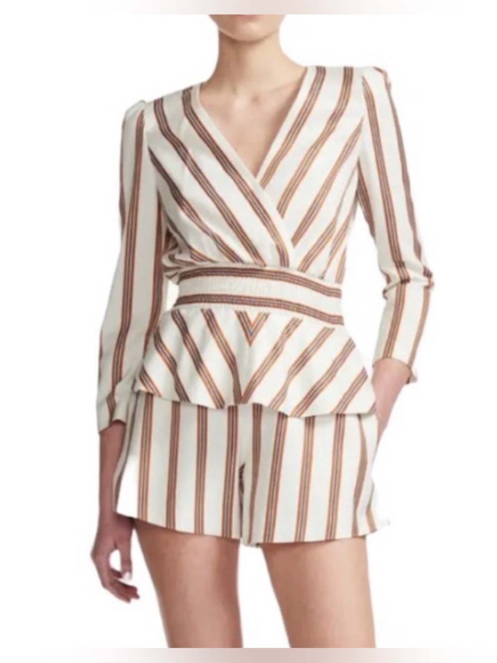 Maje Cream Longsleeves Top Romper with Brown and Navy Stripes size 38 or S to M